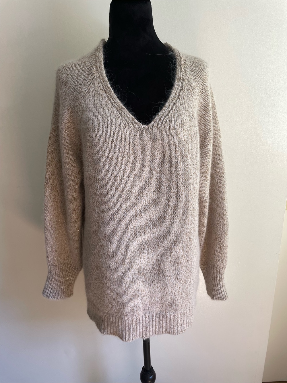 Massimo Dutti Alpaca Wool Blend Metallic Gold V-Neck Sweater Made in Italy M